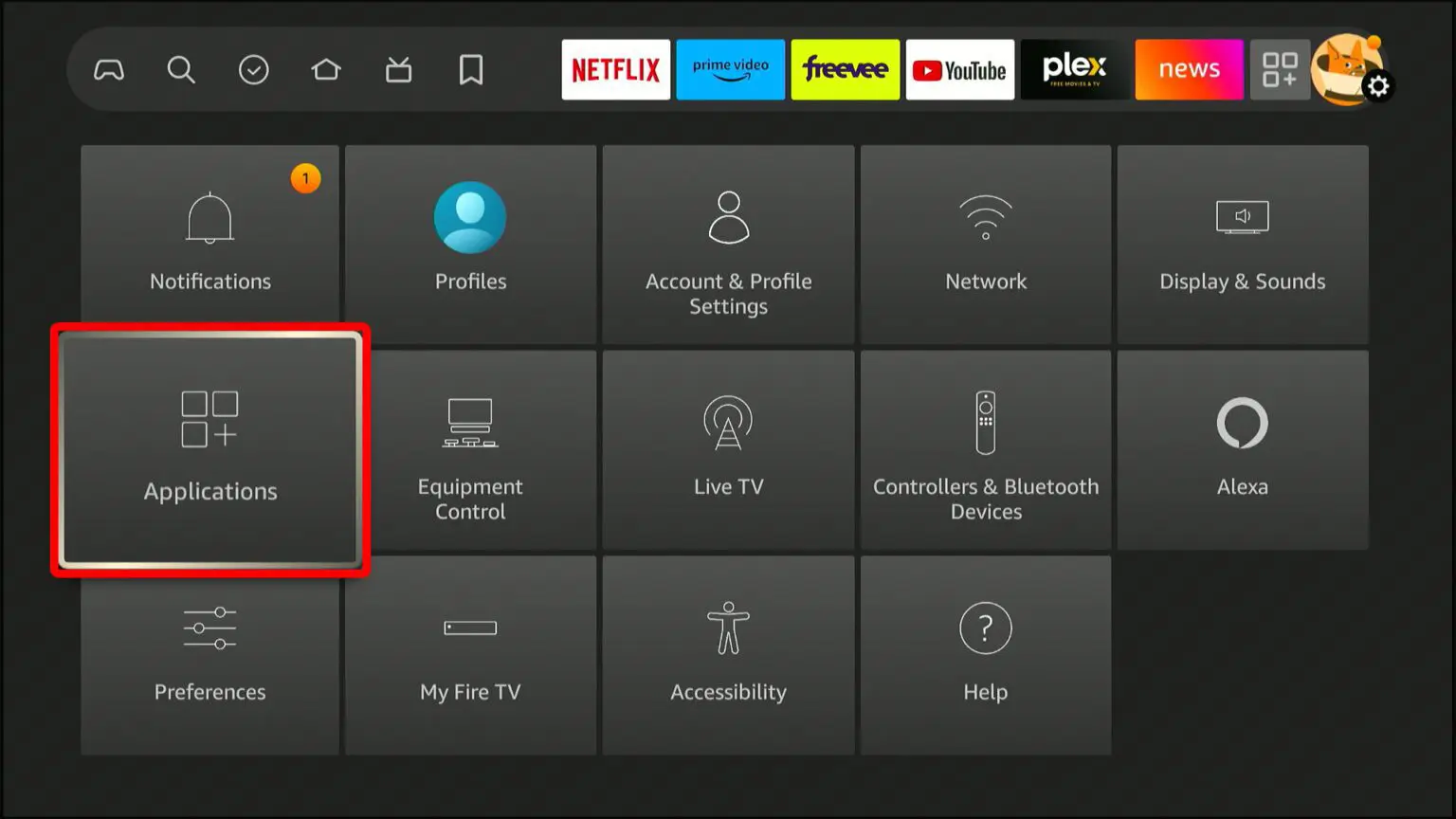 Scroll down and select Applications to remove apps from firestick