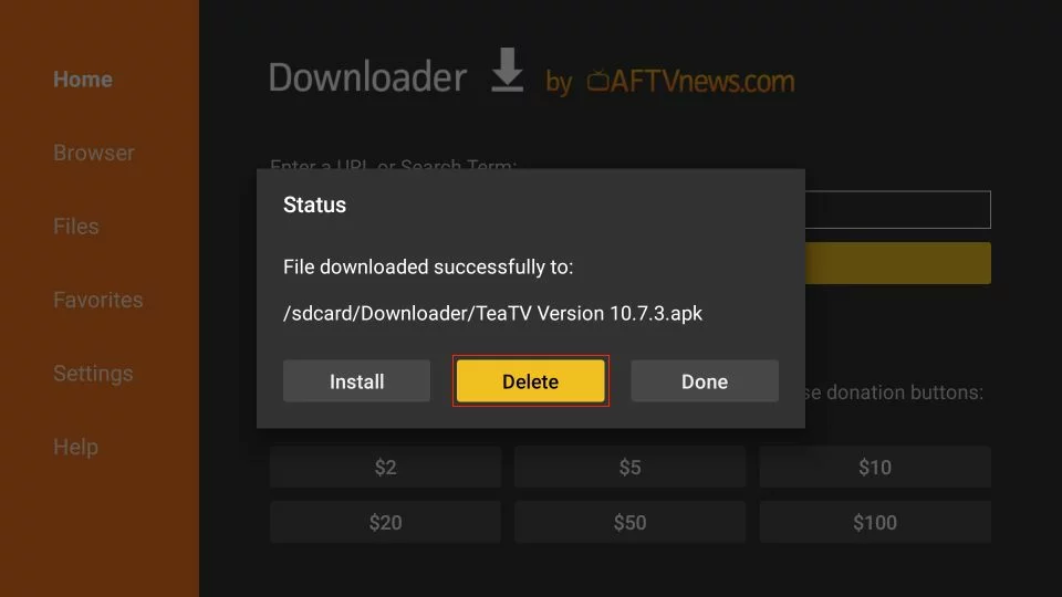 Click Delete to remove the APK