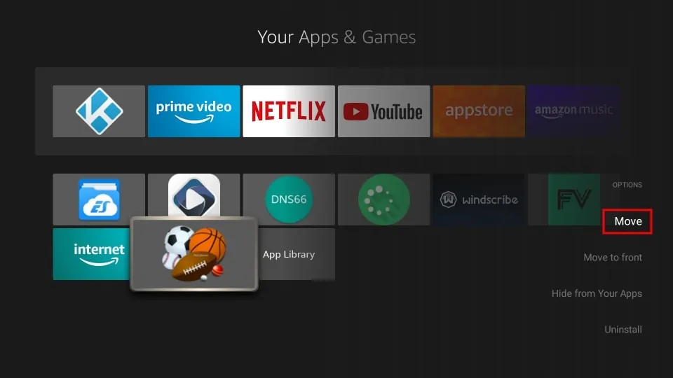 Move dofu sports app to firestick homepage