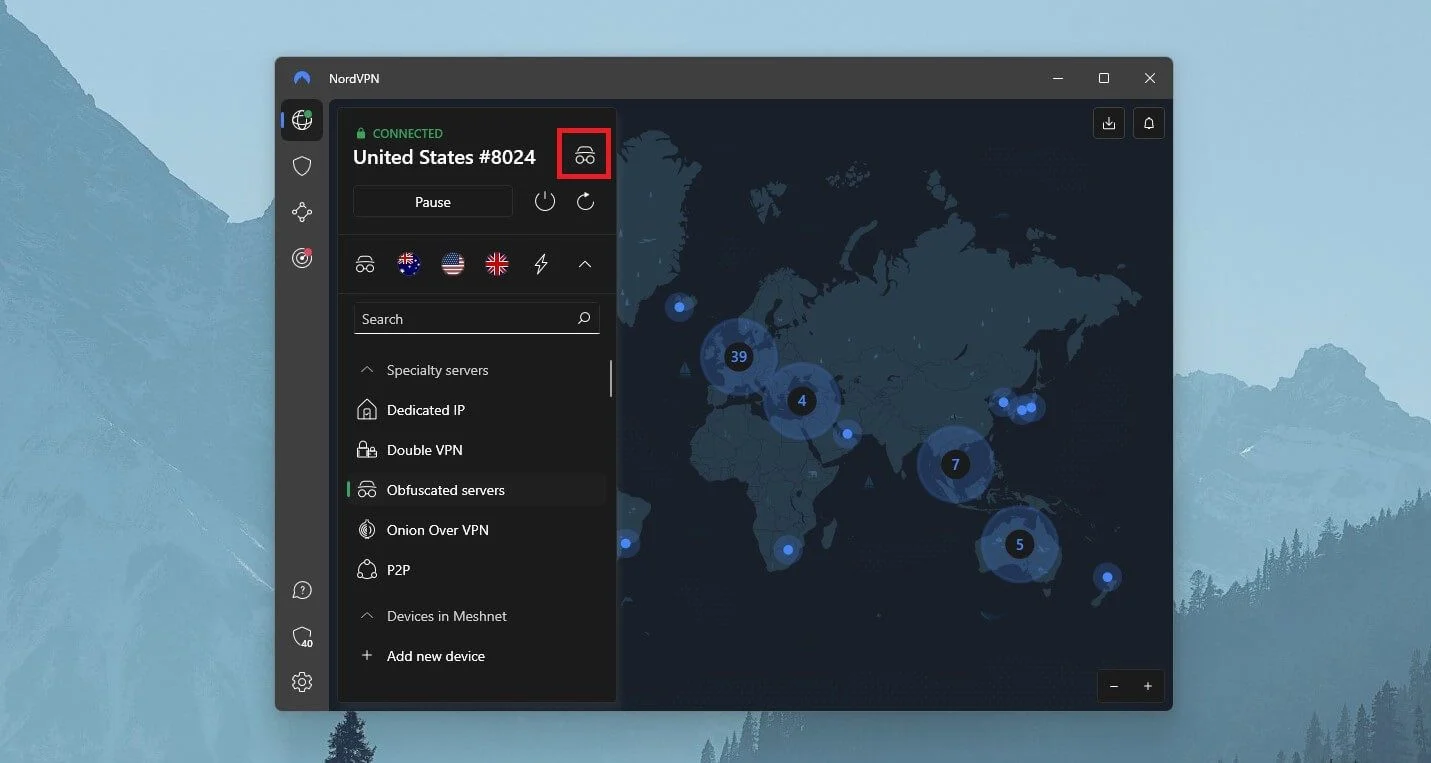 NordVPN Primary Controls