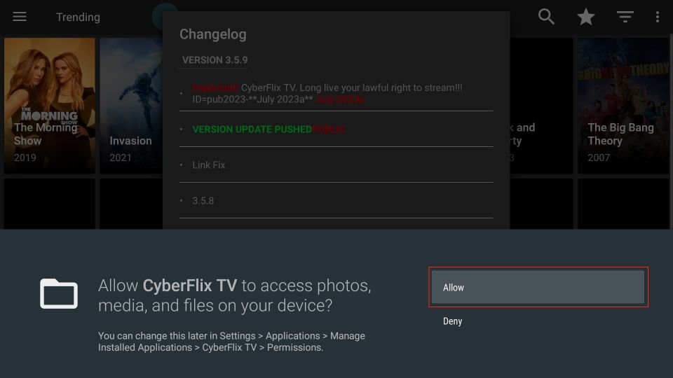 click Open to launch CyberFlix On firestick