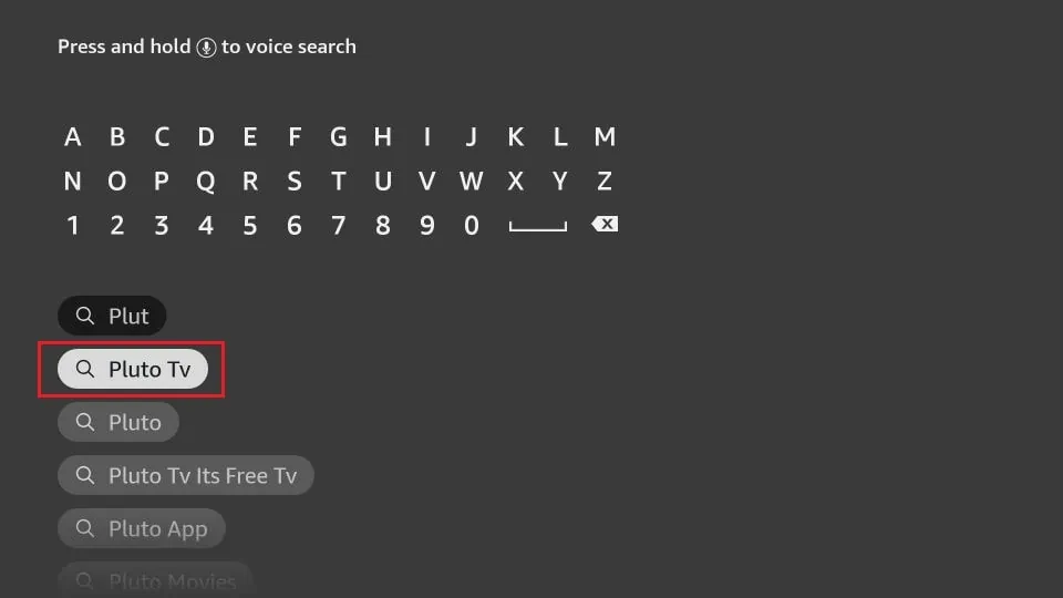 Type Pluto TV using the onscreen keyboard