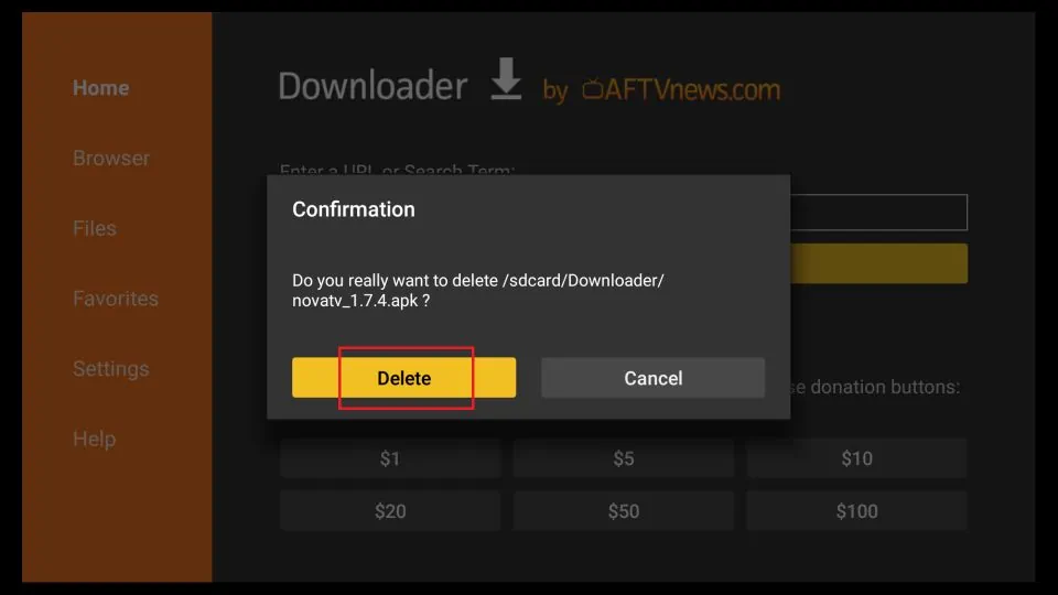 Click Delete again to confirm deleting Nova Apk