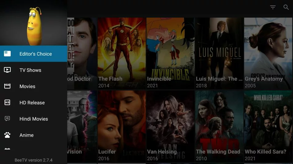 home screen of BeeTV defaults to TV Shows